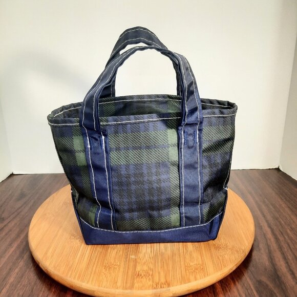 LL Bean Mini Tote Bag Green Blue Nylon Plaid Everyday Lightweight 297818 - Picture 4 of 10